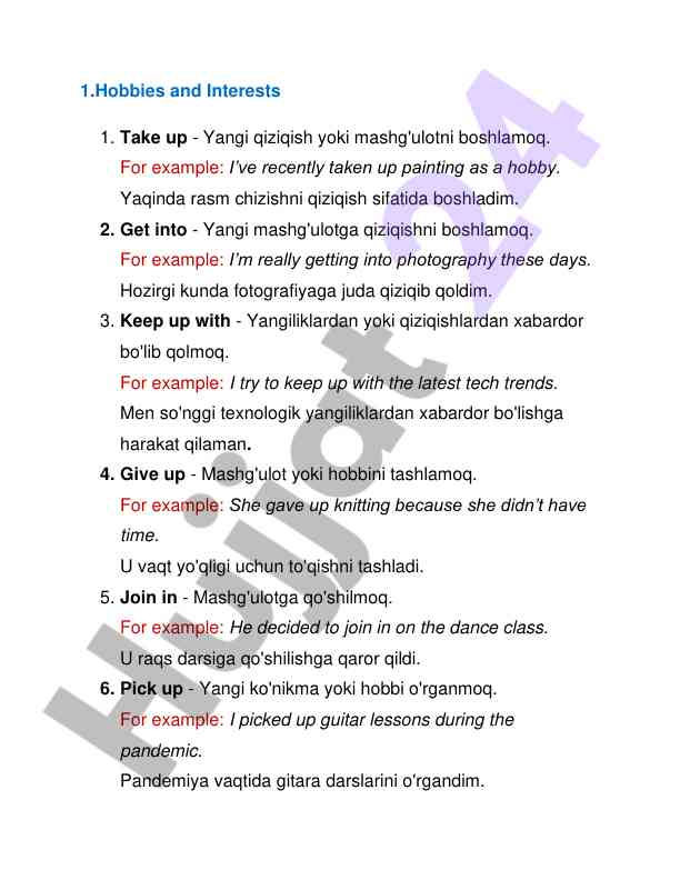 Common phrasal verbs for hobbies and interests