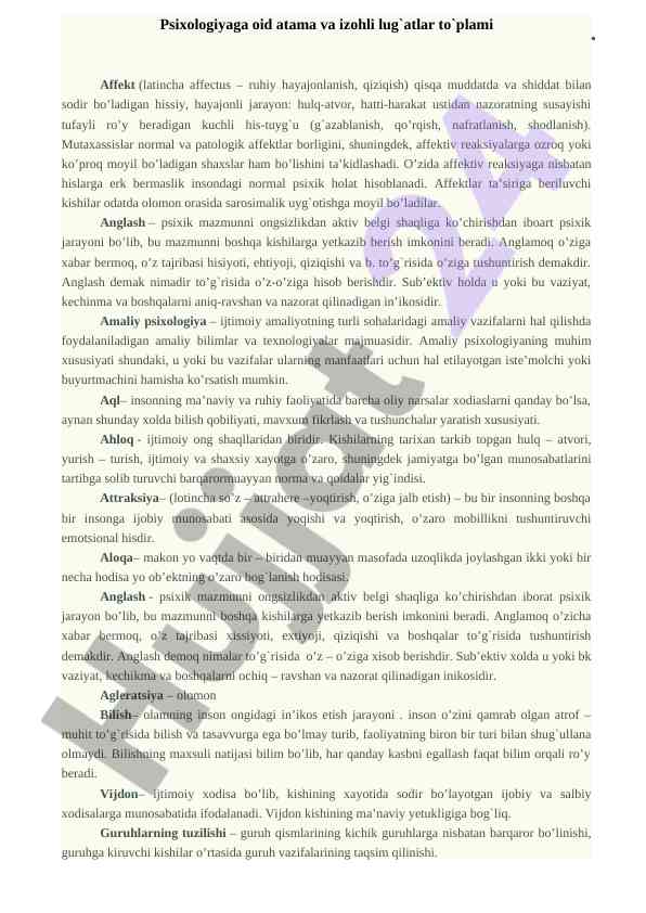 Psixologiyaga oid atama va izohli lug`atlar to`plami