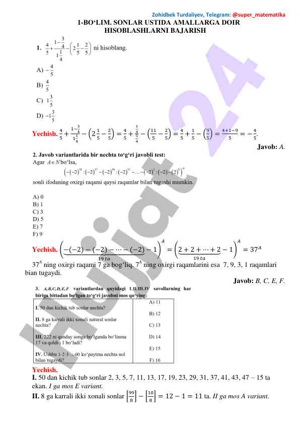 Test topshiriqlari va yechimlar tahlili