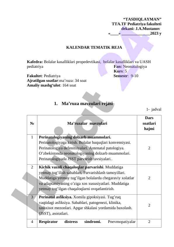 Kalendar tematik reja pediatriya fanida