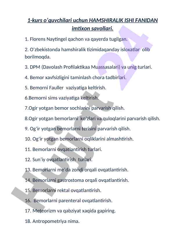 Hamshiralik ishtirokchilari uchun imtixon savollari