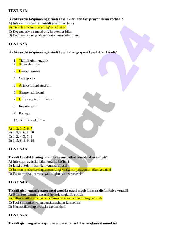 Tizimli kasalliklar haqida test savollari