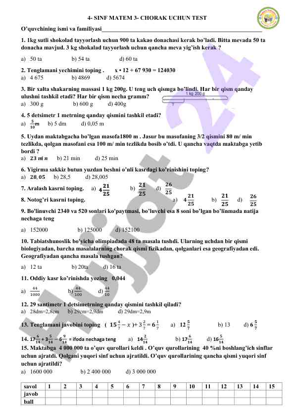 4-sinf matem 3-chorak uchun test