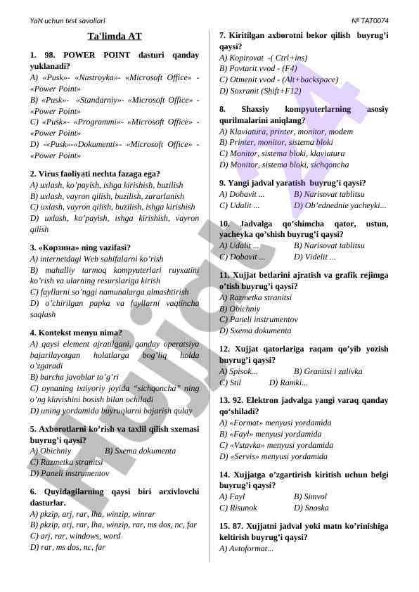 Power point dasturining yuklanishi bo'yicha savollar