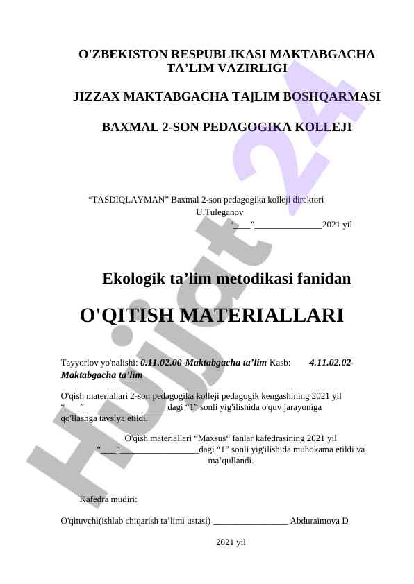 Ekologik ta’lim metodikasi o'qitish materiallari