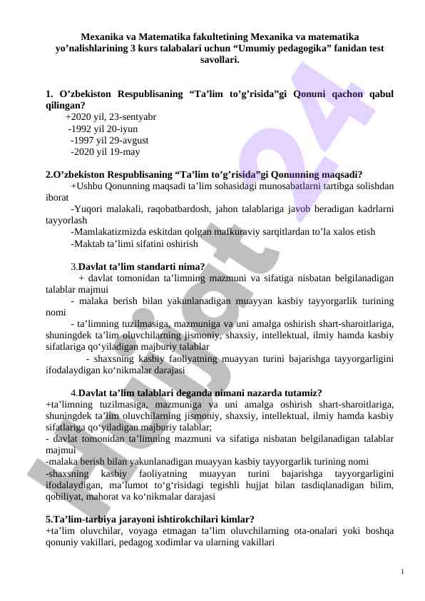 Umumiy pedagogika fanidan test savollari