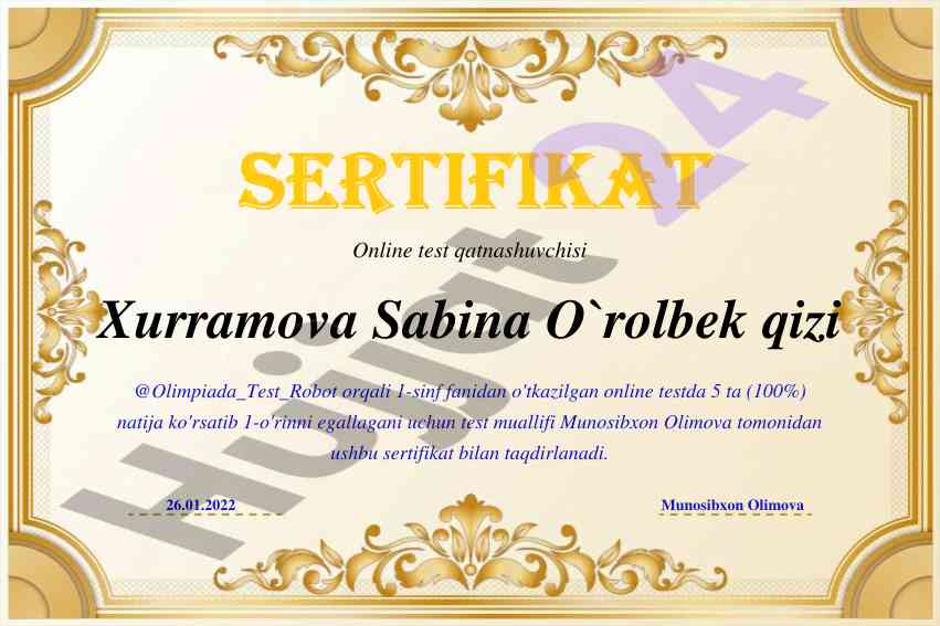 1-sinf fanidan online test natijalari sertifikatlari