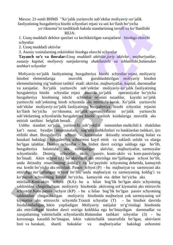 Buxgalteriya hisobi schyotlari rejasi taqdimoti