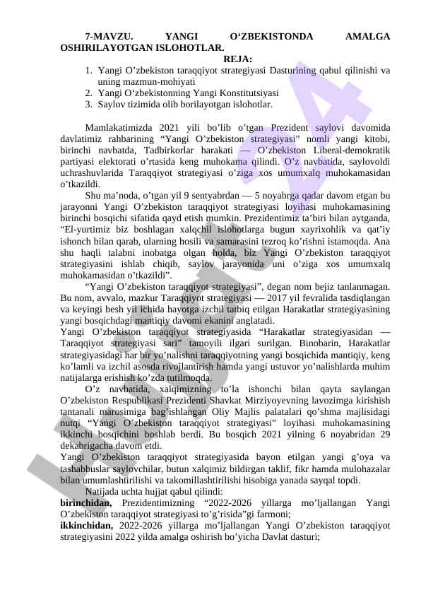 Yangi o'zbekistonda amalga oshirilyotgan islohotlar