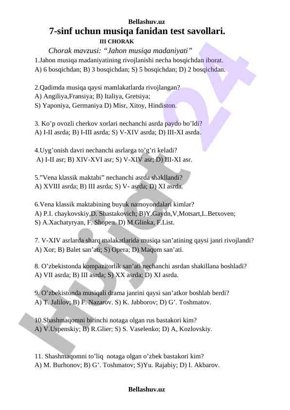 Musiqa fanidan test savollari 7-sinf uchun