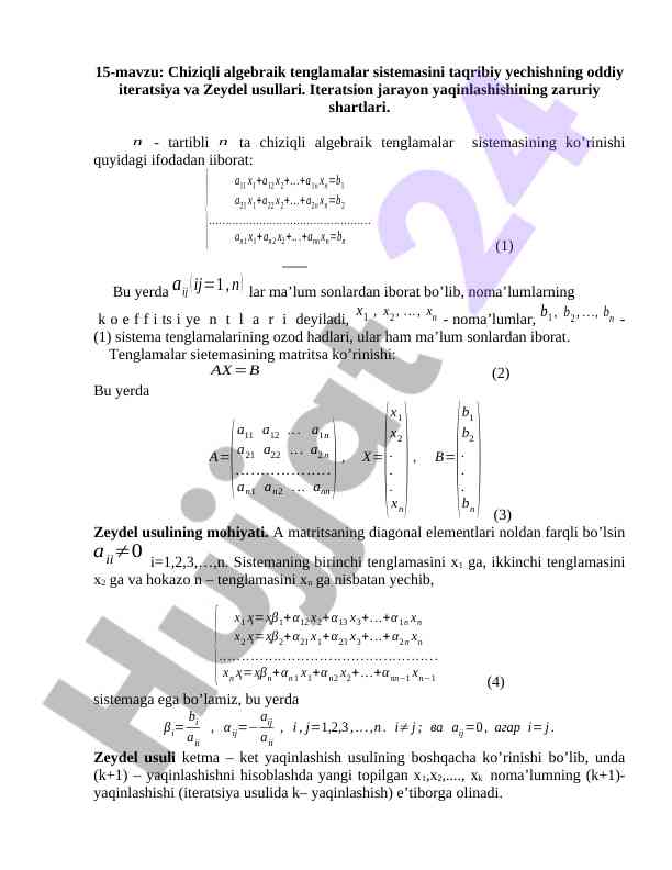 Chiziqli algebraik tenglamalar taqribiy yechish usullari