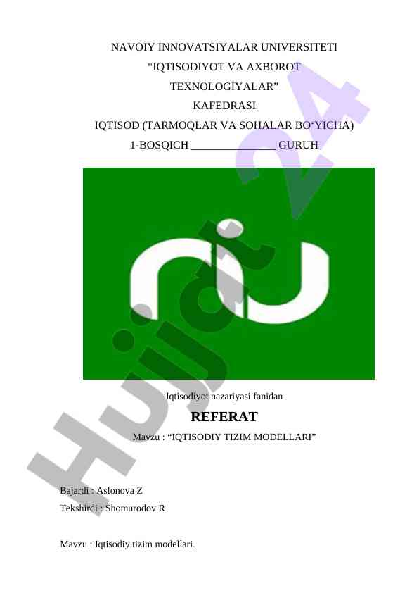 Iqtisodiy tizim modellari haqida referat
