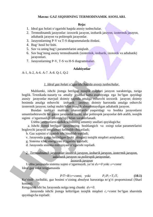 Gaz siqishning termodinamik asoslari va jarayonlar