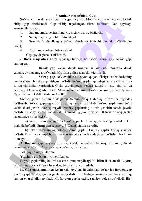 Gap tushunchasi va turli turlari
