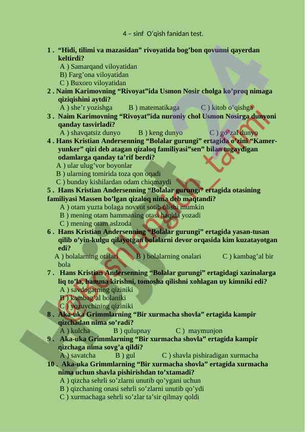 4-sinf o‘qish fanidan test savollari