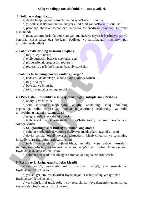 Soliq va soliqqa tortish fanidan test savollari