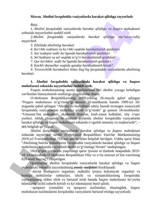 Aholini favqulodda vaziyatlarda harakat qilishga tayyorlash