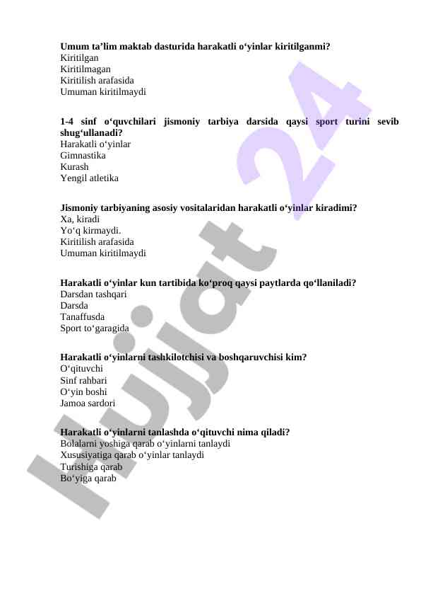 Harakatli o'yinlar va jismoniy tarbiya darslari