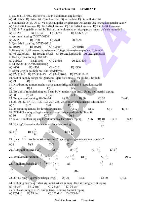 Testlar for 5th grade: math problems variant 1