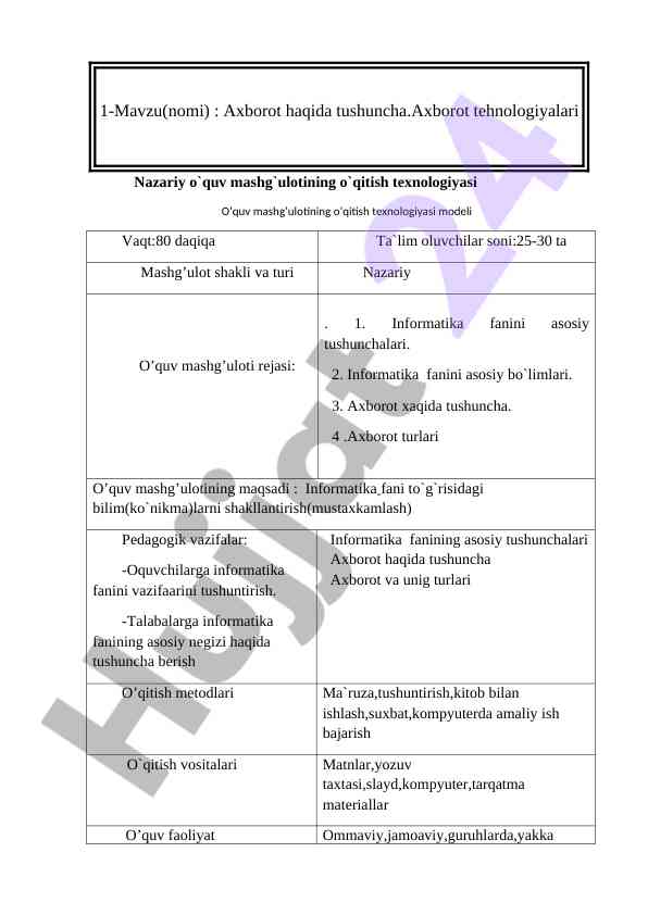 Axborot texnologiyalari o‘quv mashg‘uloti rejasi