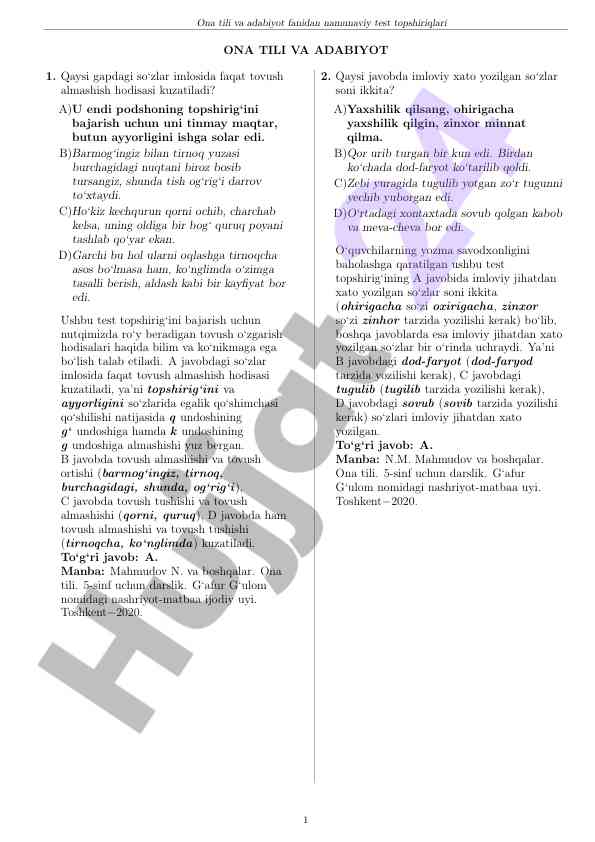 Namunaviy test topsirishlari ona tili va adabiyot