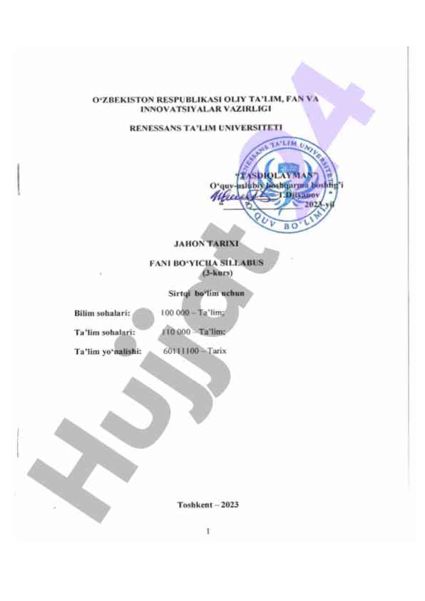 Jahon tarixi fanining sillabusi 2023-2024