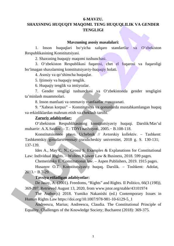 Shaxsning huquqiy maqomi va gender tengligi
