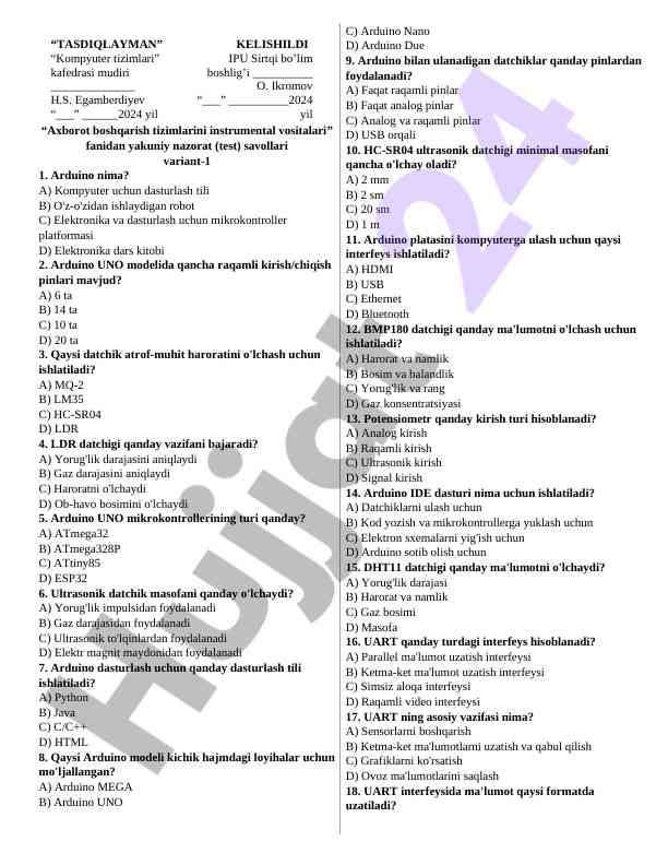 Axborot boshqarish tizimlari test savollari
