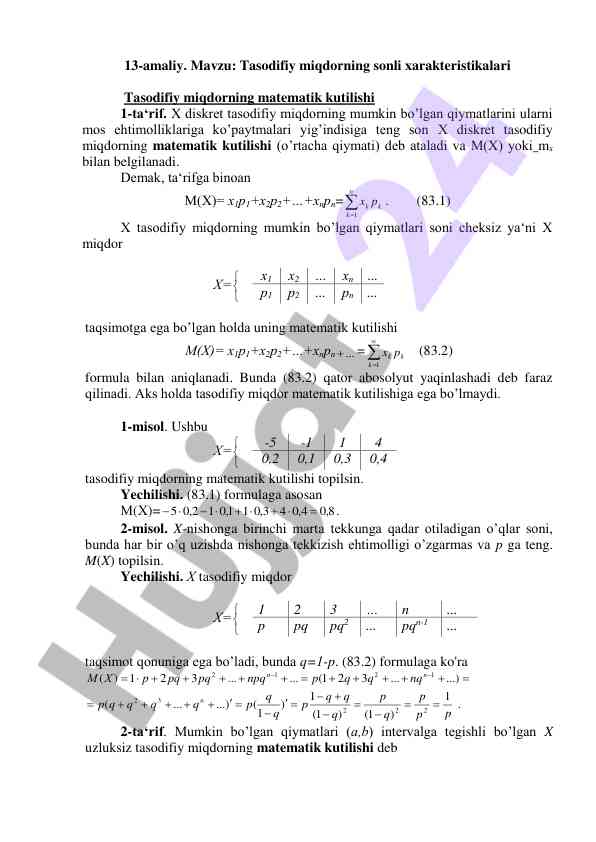 Tasodifiy miqdorlar matematik kutilishi tahlili
