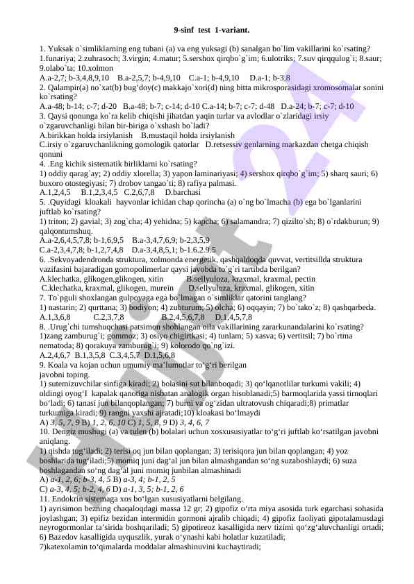 9-sinf test 1-variant savollari va javoblari
