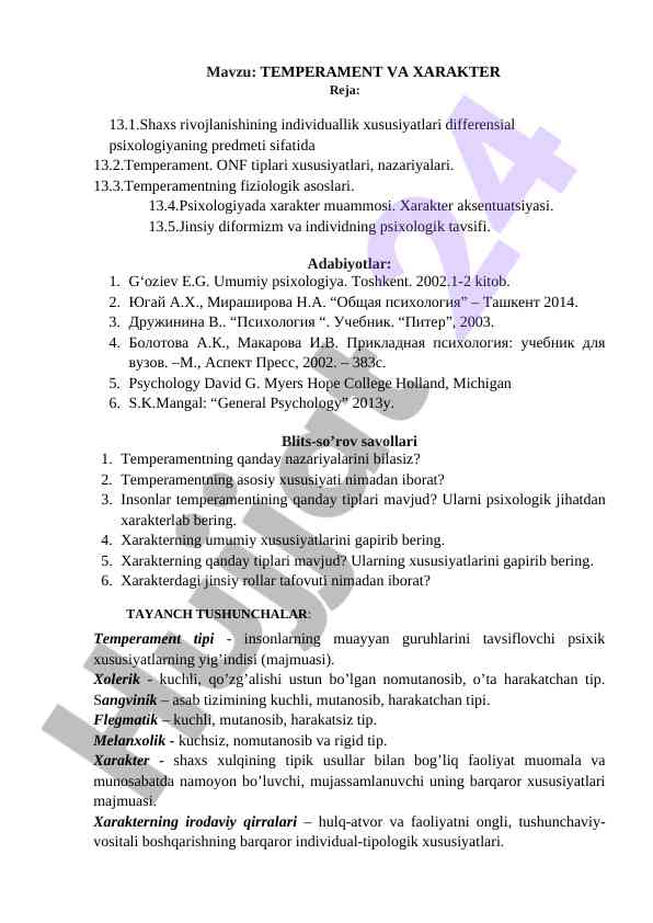 Temperament va xarakterning psixologik asoslari