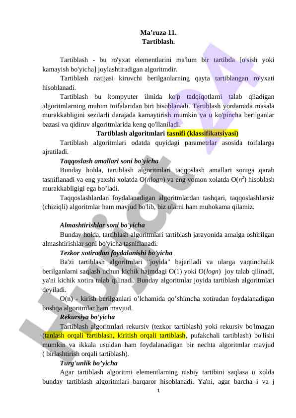 Tartiblash algoritmlari va ularning turlari