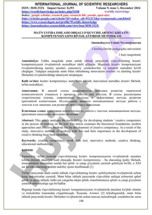 Kreativ kompetensiyani rivojlantirish metodikasi