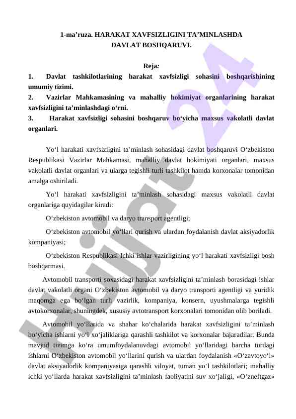 Harakat xavfsizligini ta’minlashda davlat boshqaruvi