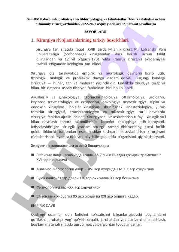 Umumiy xirurgiya kursi bo‘yicha nazorat savollari
