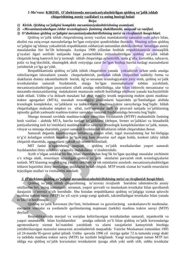 Kirish: qishloq xo'jalik mexanizasiyalashuvi