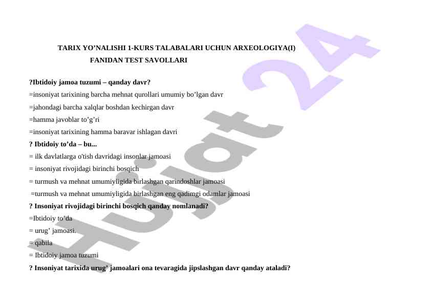 Arxeologiya fanidan test savollari 1-kurs talabalari uchun