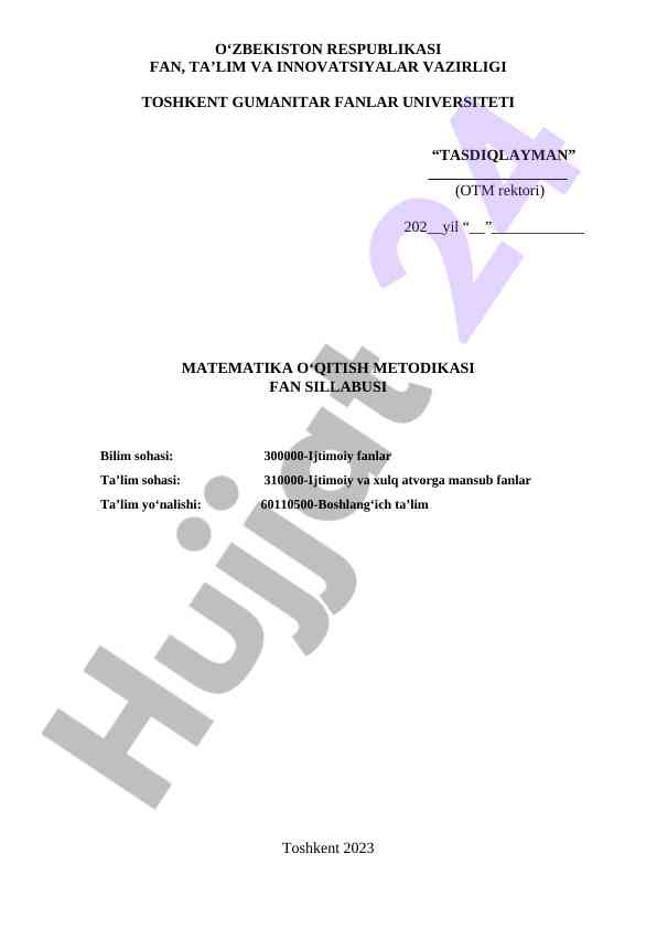 Matematika o‘qitish metodikasi fan sillabusi