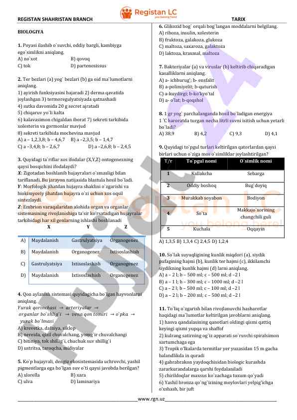 Biologiya fanidan test savollari