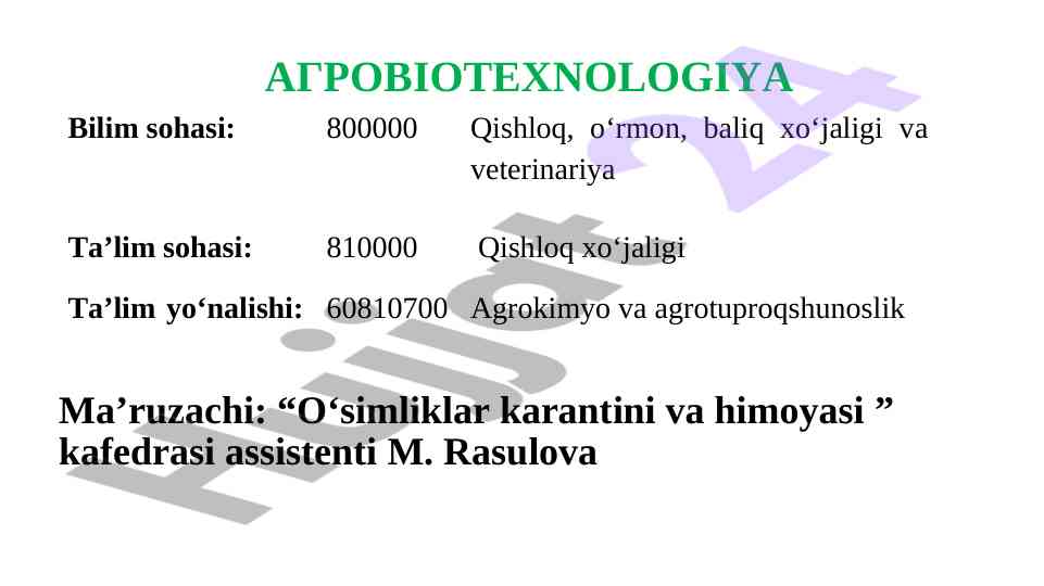 Agrobiotexnologiya o‘quv qo‘llanmasi va ta’lim yonalishi