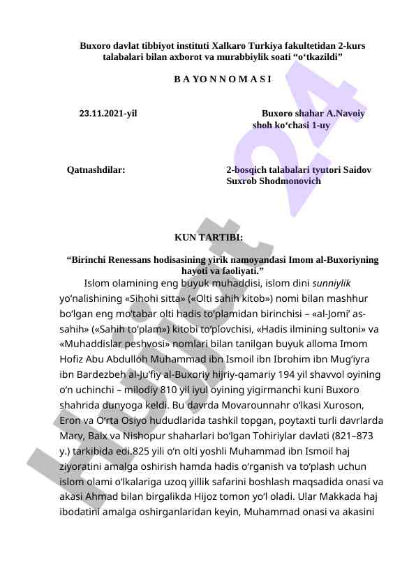 Imom al-buxoriy hayoti va faoliyati