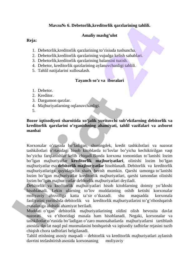 Debetorlik va kreditorlik qarzlarining tahlili
