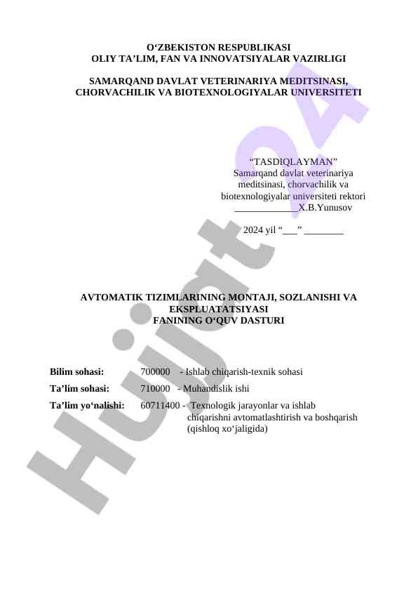 Avtomatik tizimlarining montaji va ekspluatatsiyasi