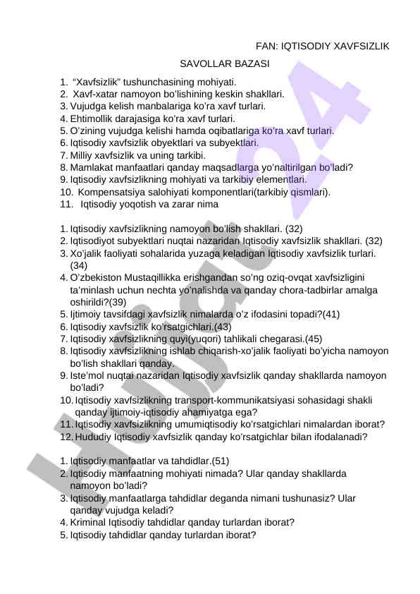 Iqtisodiy xavfsizlik savollari bazasining tahlili