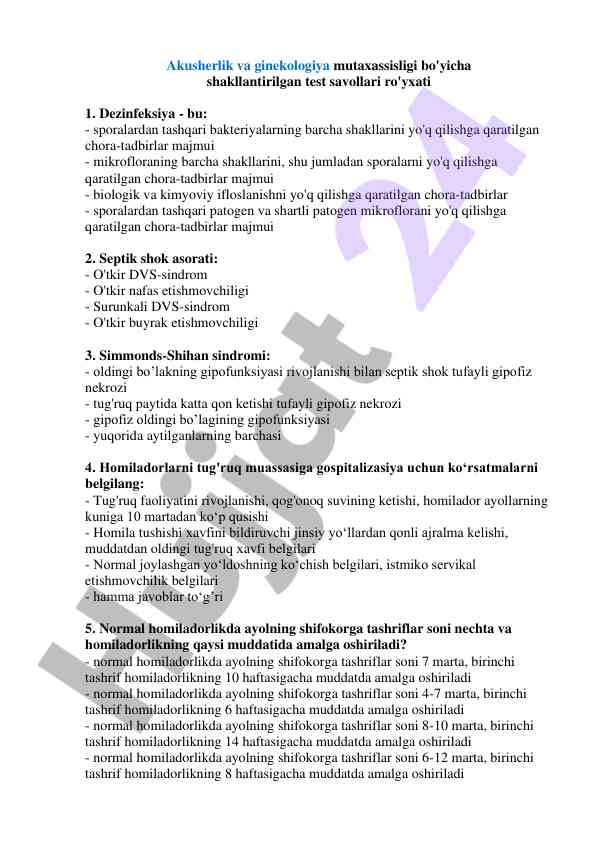 Akusherlik va ginekologiya test savollari ro'yxati