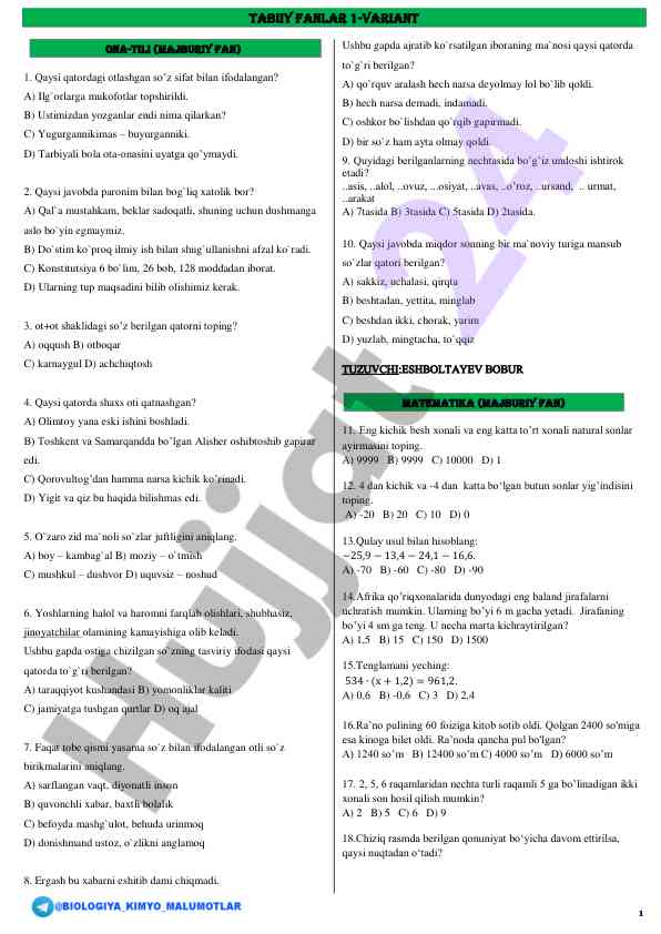 Ona tili test savollari malakali talabalar uchun