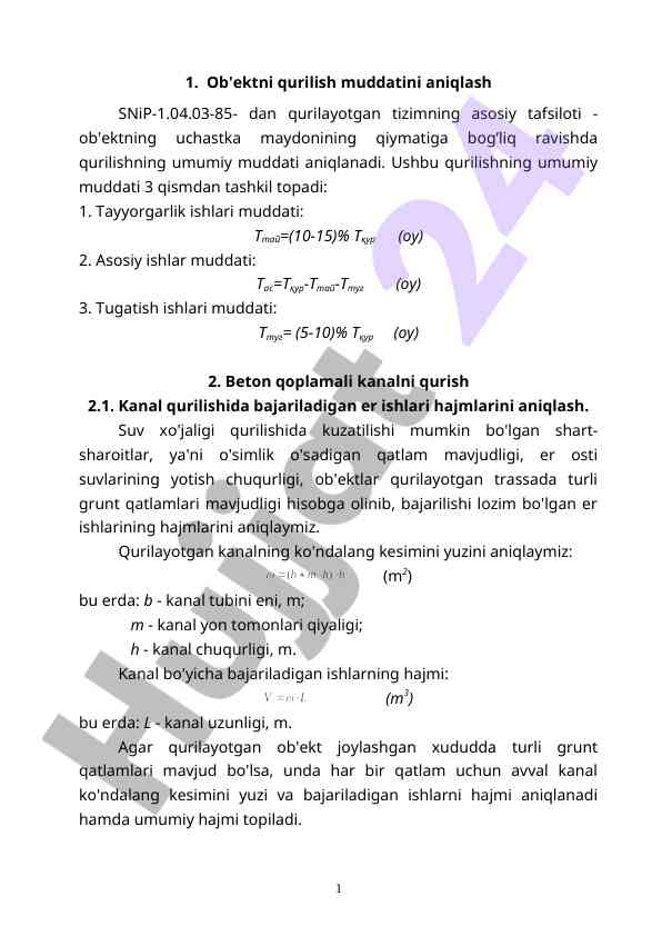 Kanal qurilishi va ishlar hajmini aniqlash