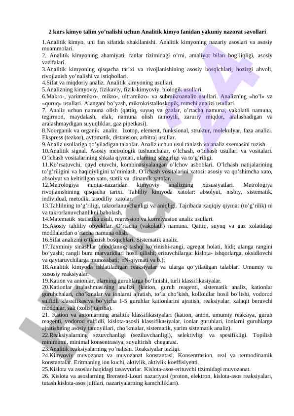 Analitik kimyo fanidan yakuniy nazorat savollari