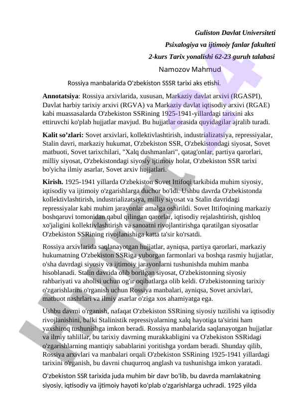 O'zbekiston ssr tarixi aks etishi rossiya manbalarida