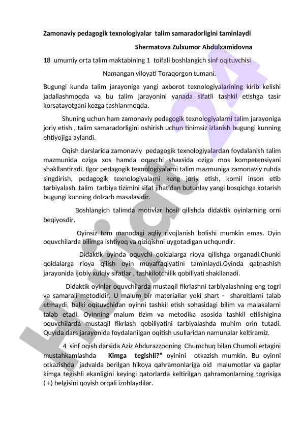 Zamonaviy pedagogik texnologiyalar ta’lim samaradorligi